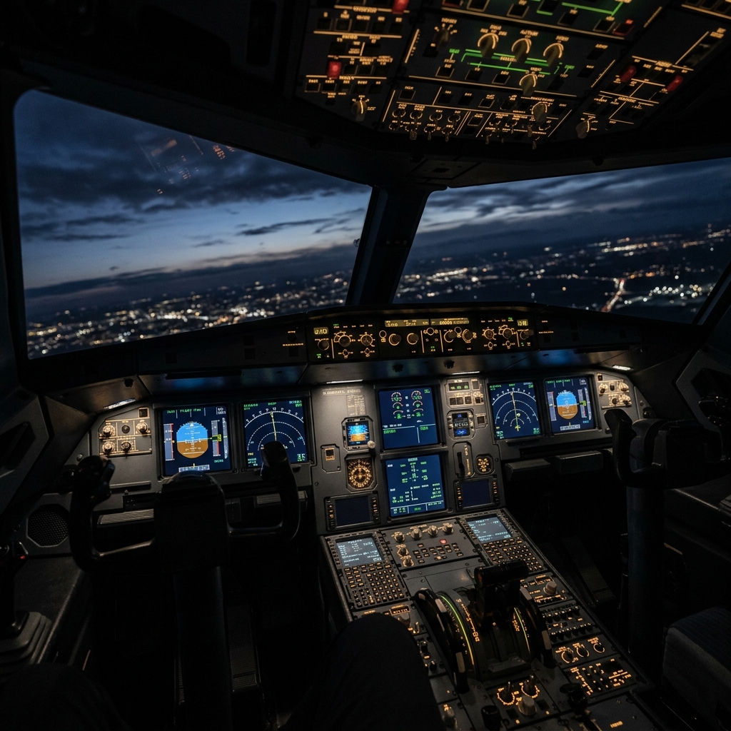 Aircraft cockpit at twilight — direct navigation