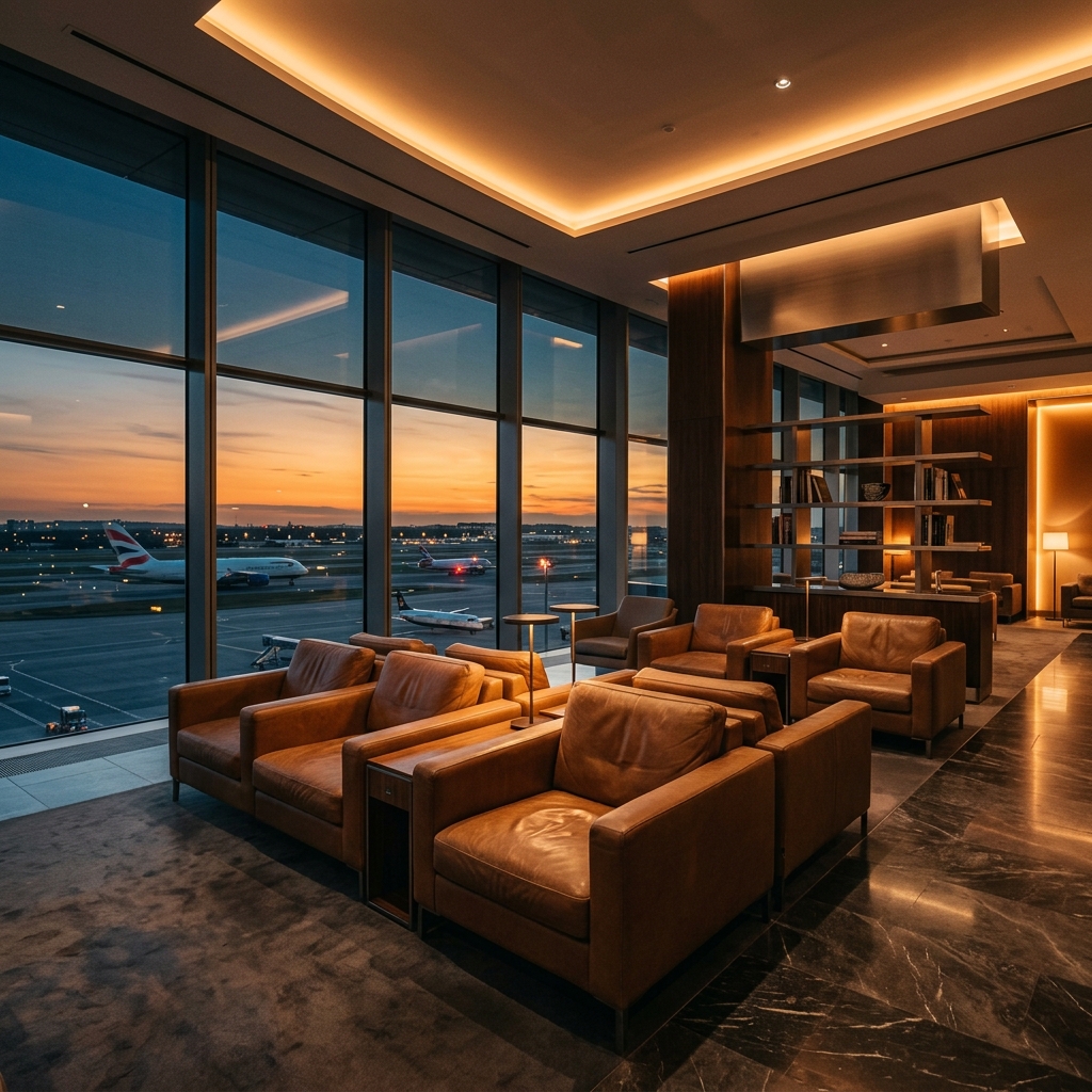 First-class airport lounge at golden hour