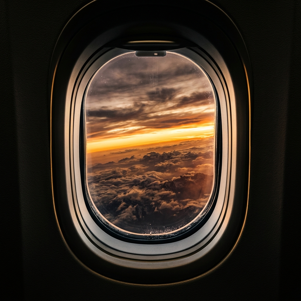 First-class cabin window with dramatic cloudscape